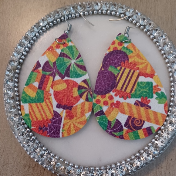 Orange Green Leather Teardrop Holiday Candy Dangle Drop Earrings - Picture 3 of 5